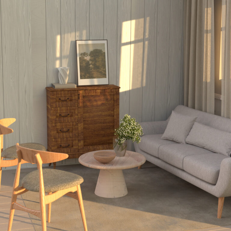 Byrå behandlad med Lackbets Aqua i nyansen Teak, Väggpanel behandlad med Herdins Tak och Panel i nyansen Extra Vit och Bord behandlat med Herdins Oljebets i nyansen Antikvit.